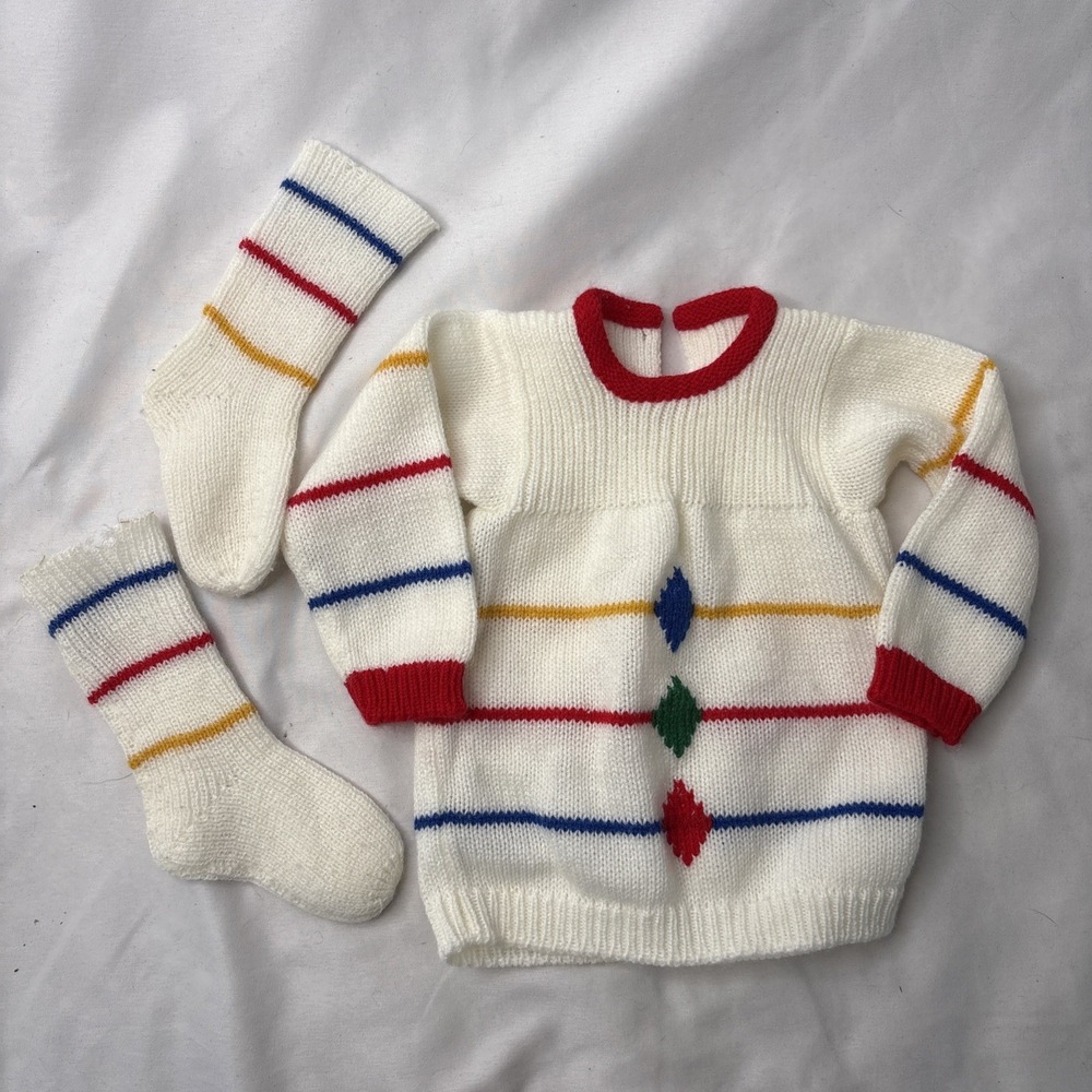 Vtg Handmade Baby Infant Cardigan Back Button Striped Sweater & Socks Set Cream